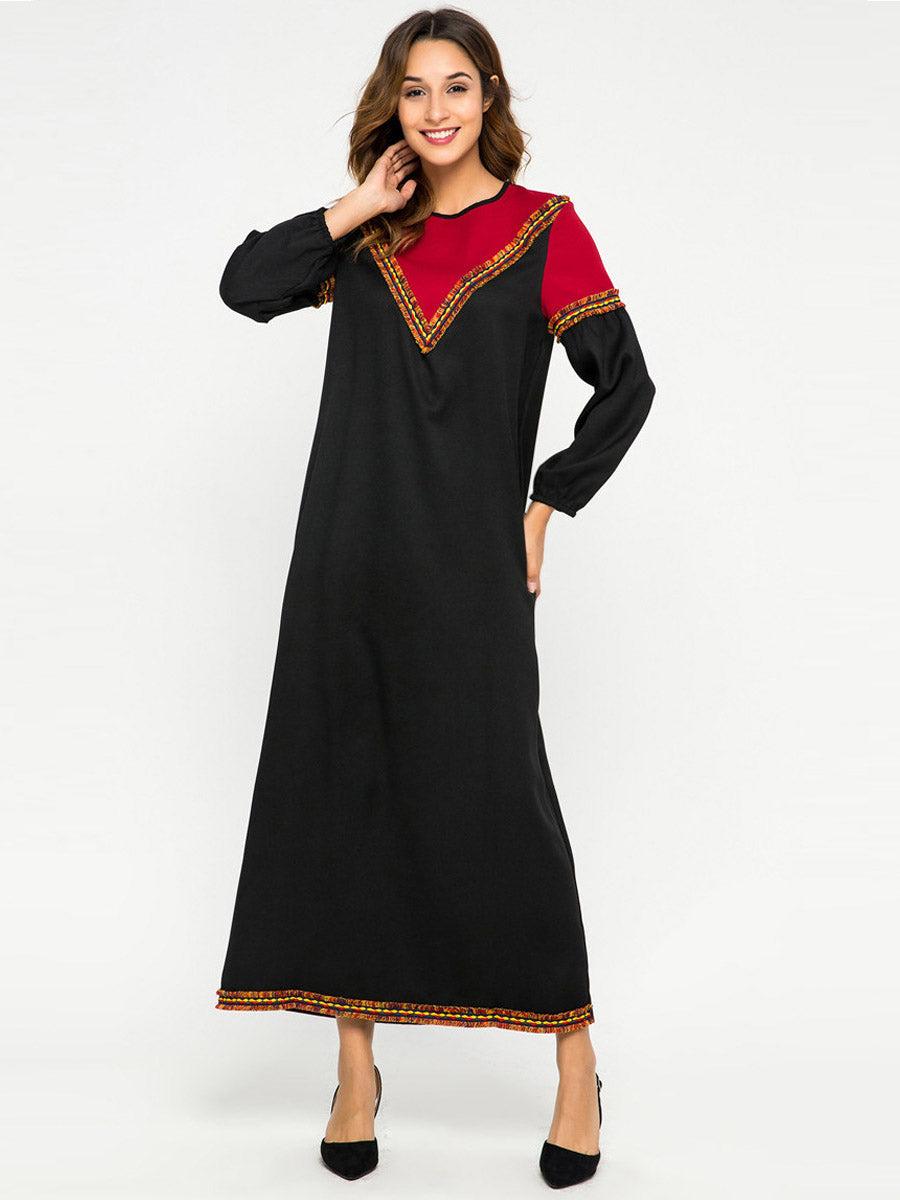 Contrast Stitching Round Neck Long Sleeve Dress