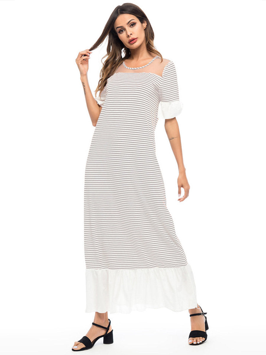 Ruffle Stitching Striped Round Neck Dress