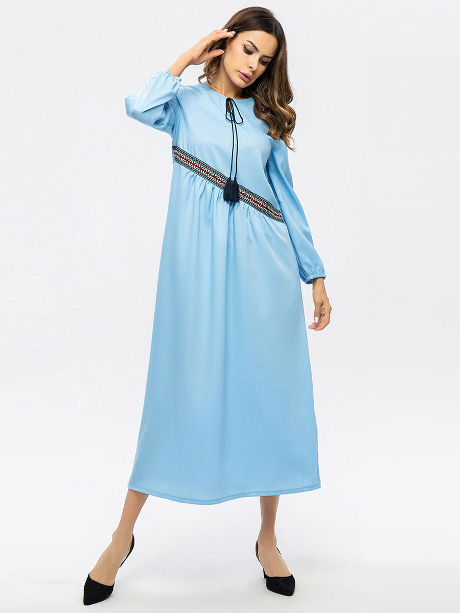 Embroidered Tie Round Neck Long Sleeve Dress