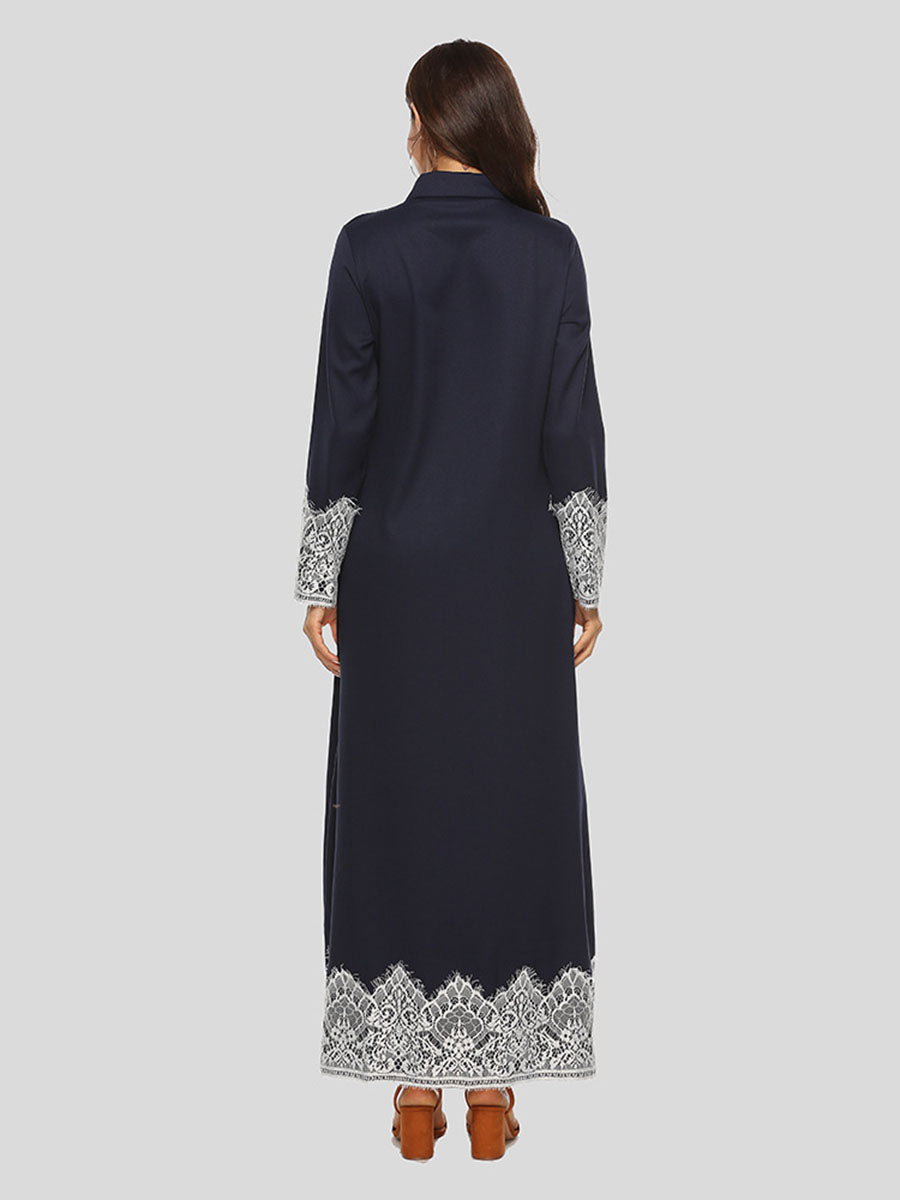 Casual Lace Stitching Lapel Split Long Sleeve Dress