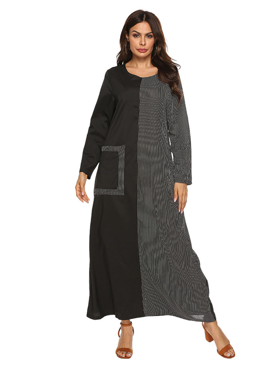 Striped Stitching Round Neck Long Sleeve Dress