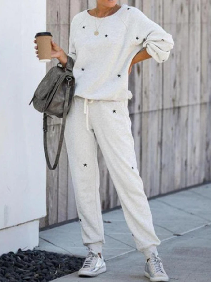 Star Print Long Sleeve Round Neck Sports Two-Piece Suit