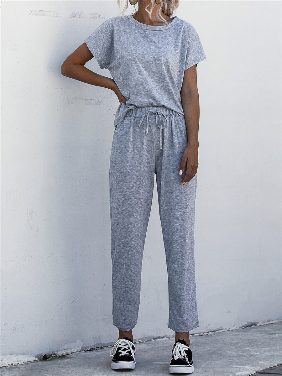 Simple Round Neck Short Sleeve Two-piece Casual Suit